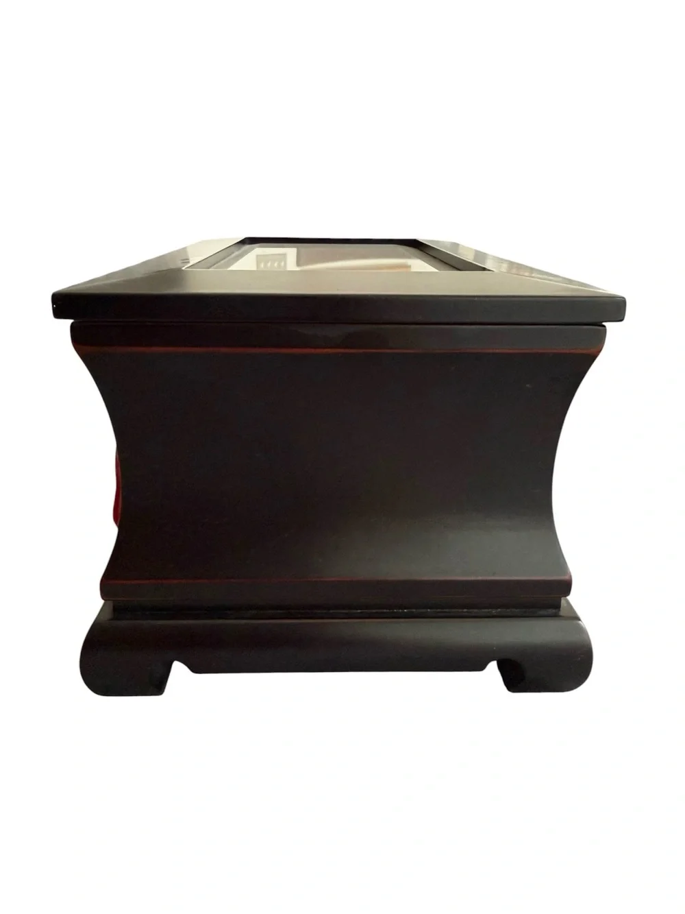Vintage Asian Black Lacquer Wooden Jewelry Box Glass Top Key Tassel Brass